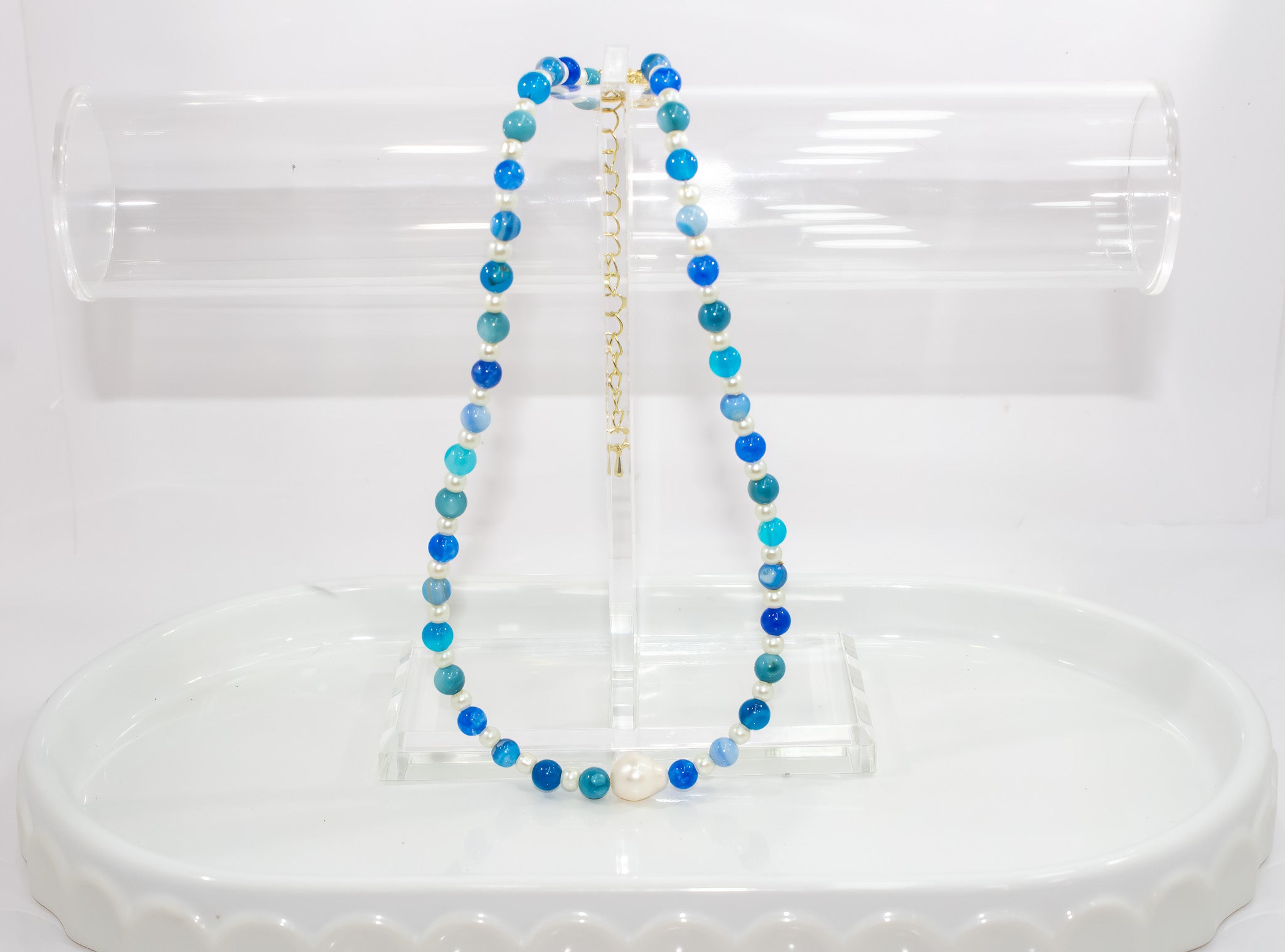Handcrafted Banded Blue Agate Necklace