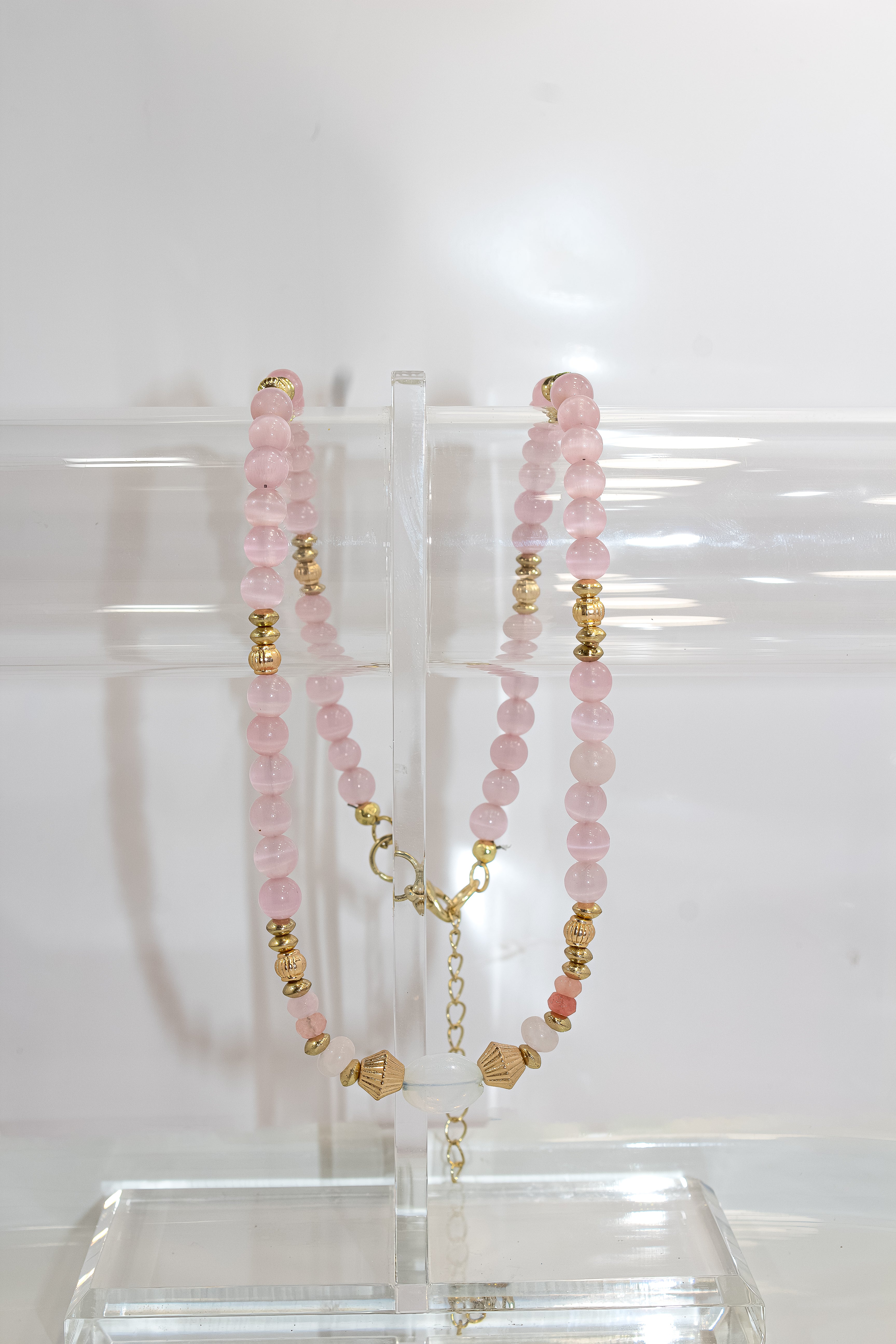 Handcrafted Soft Pink Cat-Eye Gemstone Necklace