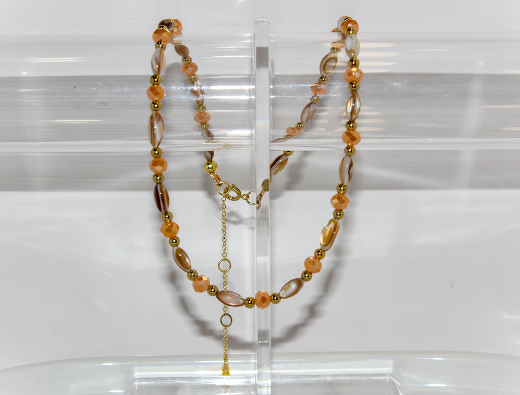 Handcrafted Peach Crystal & Shell Station Necklace