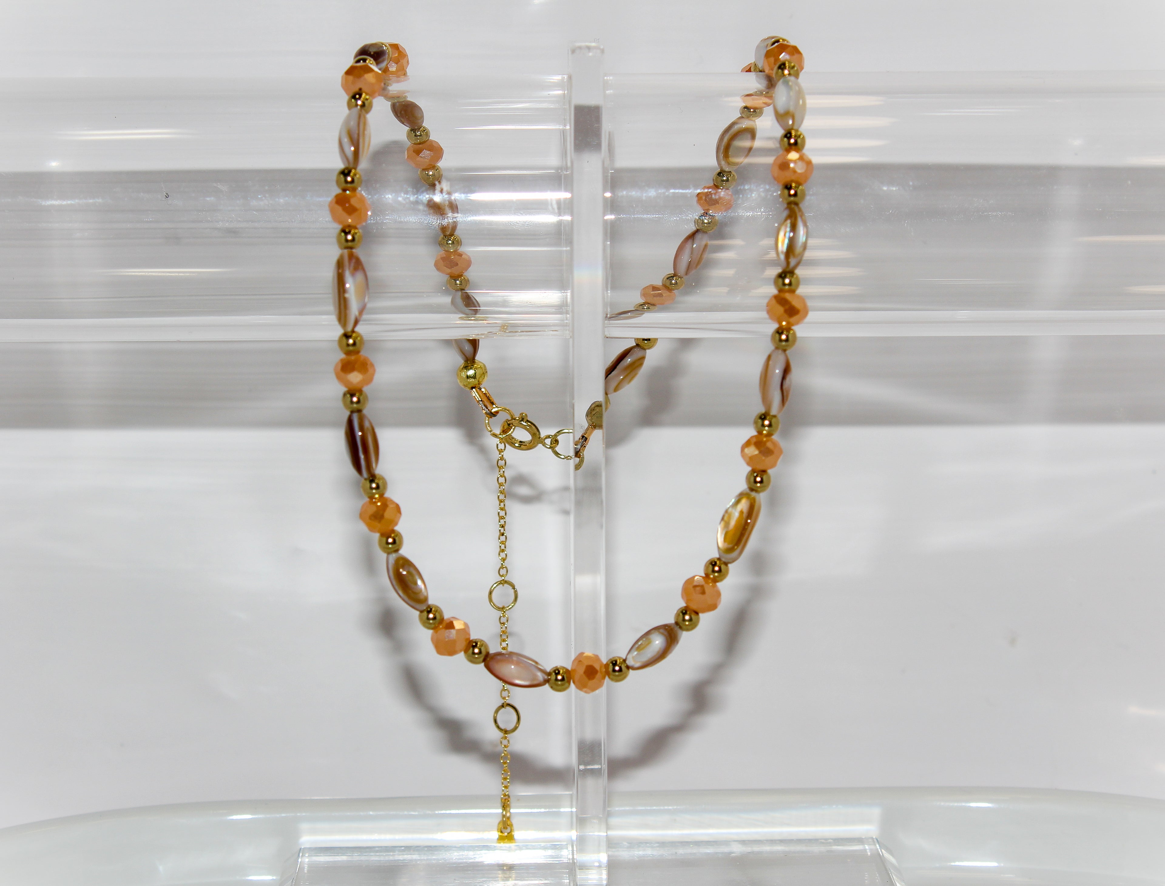 Handcrafted Peach Crystal & Shell Station Necklace