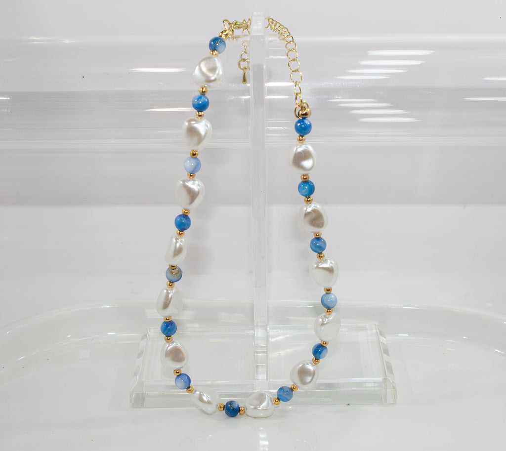Handcrafted Blue Agate & Baroque Pearl Choker Necklace