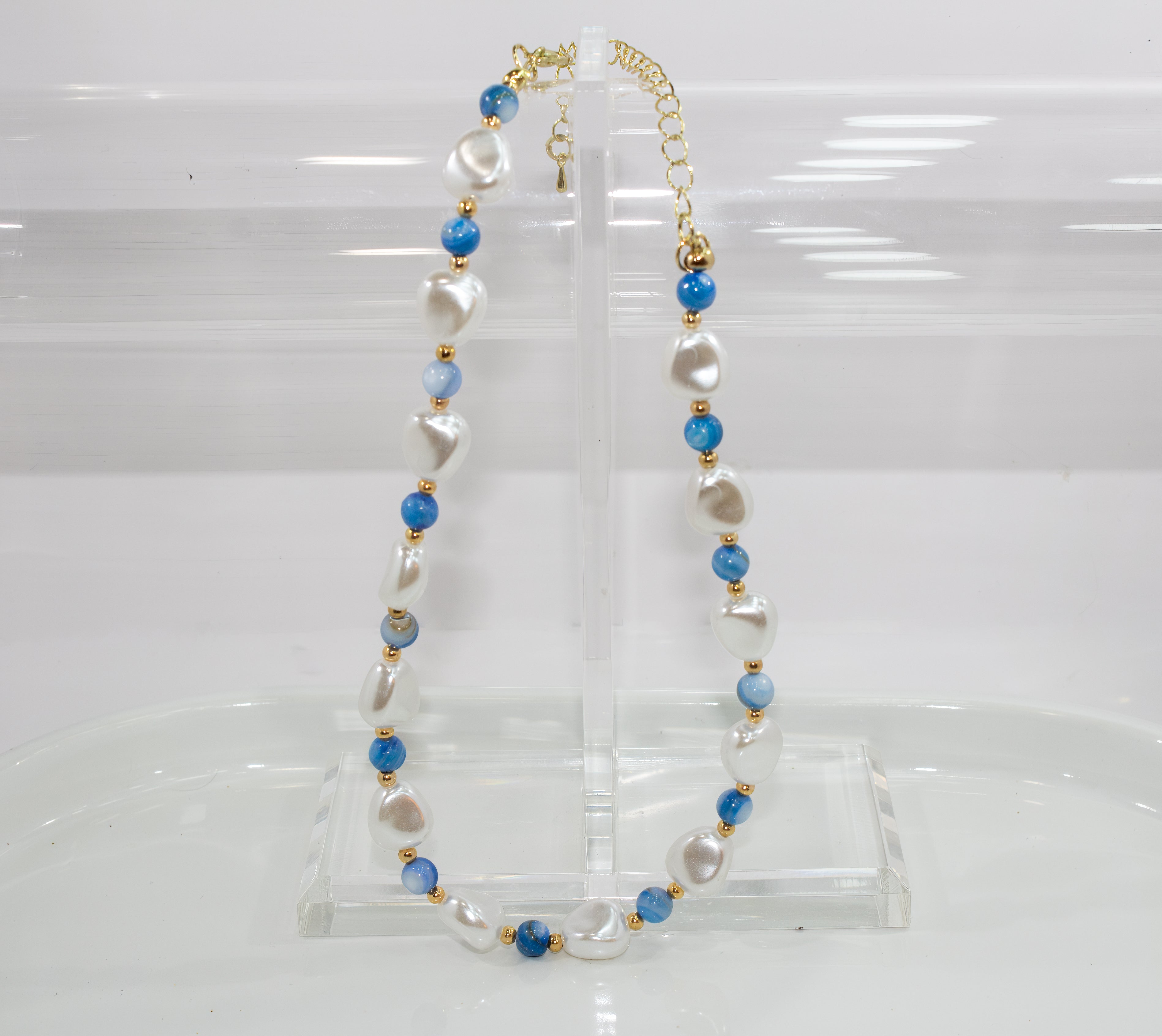 Handcrafted Blue Agate & Baroque Pearl Choker Necklace