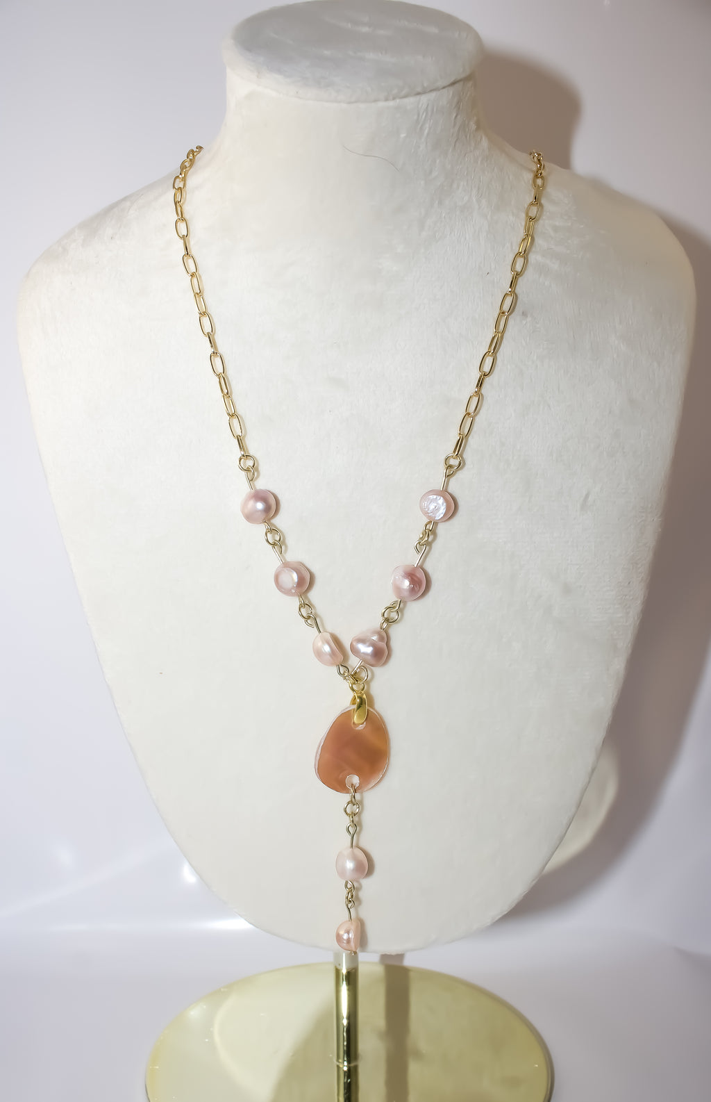 Handcrafted Pink Baroque Pearl Y-Necklace with Mother-of-Pearl Shell Slice Pendant