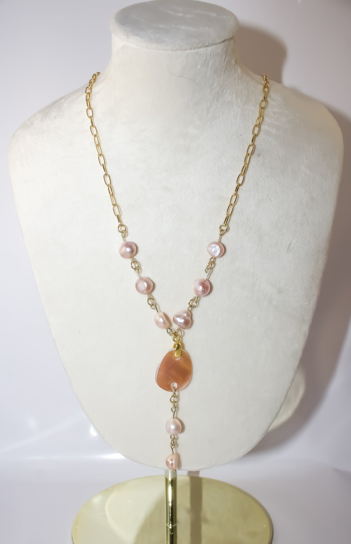 Handcrafted Pink Baroque Pearl Y-Necklace with Mother-of-Pearl Shell Slice Pendant
