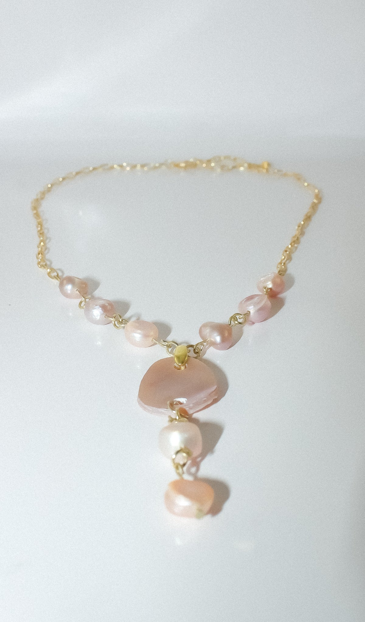 Handcrafted Pink Baroque Pearl Y-Necklace with Mother-of-Pearl Shell Slice Pendant