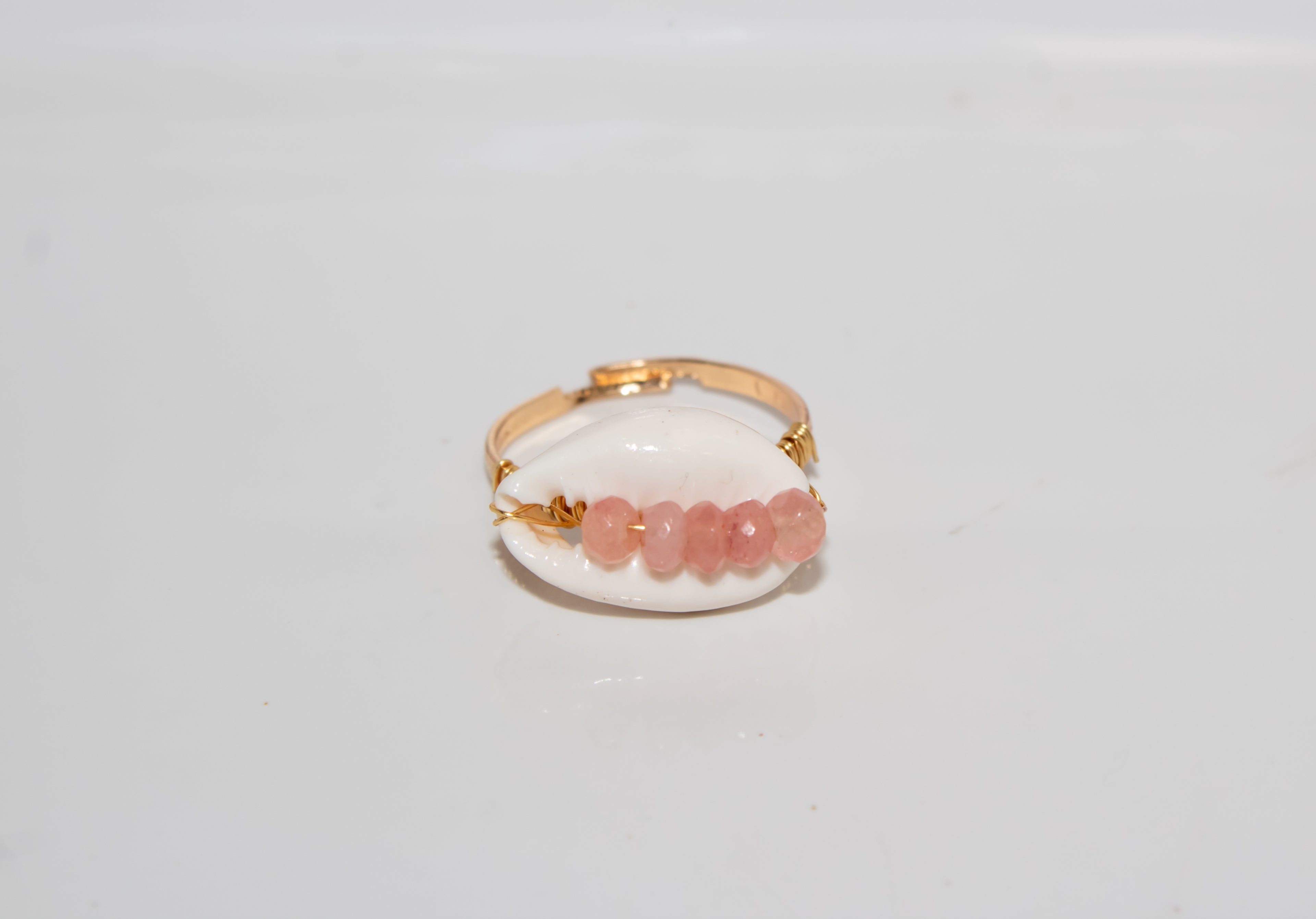 Gold Cowrie Shell Adjustable Ring with Rose Quartz Beads