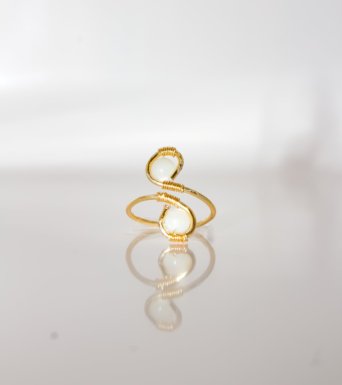 Handcrafted White Gemstone Open Bypass Wire-Wrapped Ring
