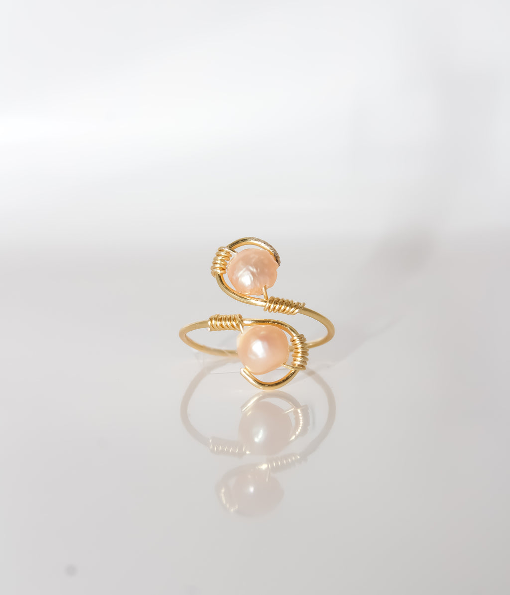Handcrafted Pink Freshwater Pearl Open Bypass Wire-Wrapped Ring