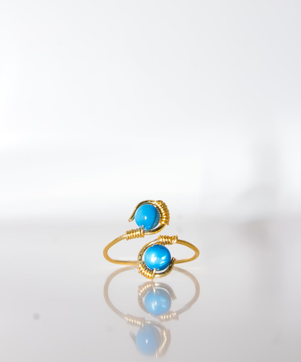 Handcrafted Turquoise Blue Open Bypass Wire-Wrapped Ring